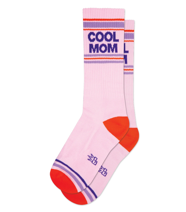 Pink sock with 'COOL MOM' text on a white background