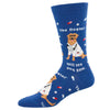 A blue sock shown on a leg form with the words "The Dogstor will see you now" and an image of a golden retriever wearing a doctors coat.