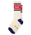 Cream-colored socks with red & purple accents, & text that reads "SLUT"