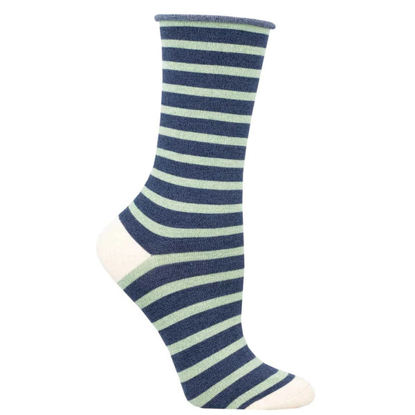 Foot form wears a green and navy striped sock with loose top and ivory heel and toe