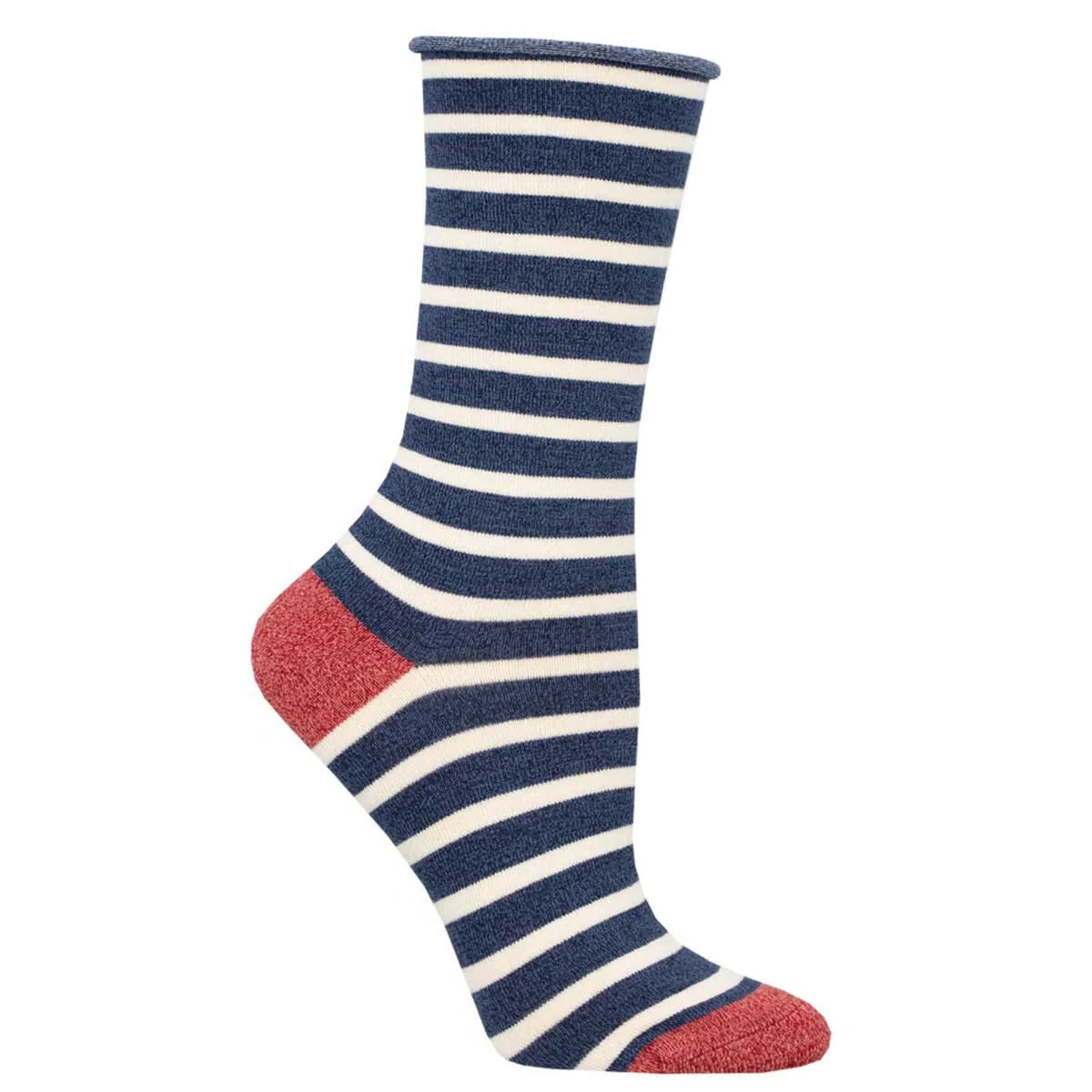 Footform wears a navy and ivory striped sock with a loose top and red heather heel and toe