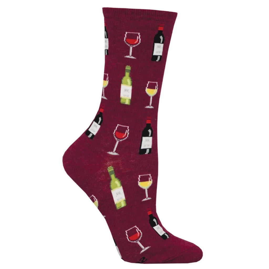 Foot form wears a maroon crew sock featuring bottles & glasses of red & white wine