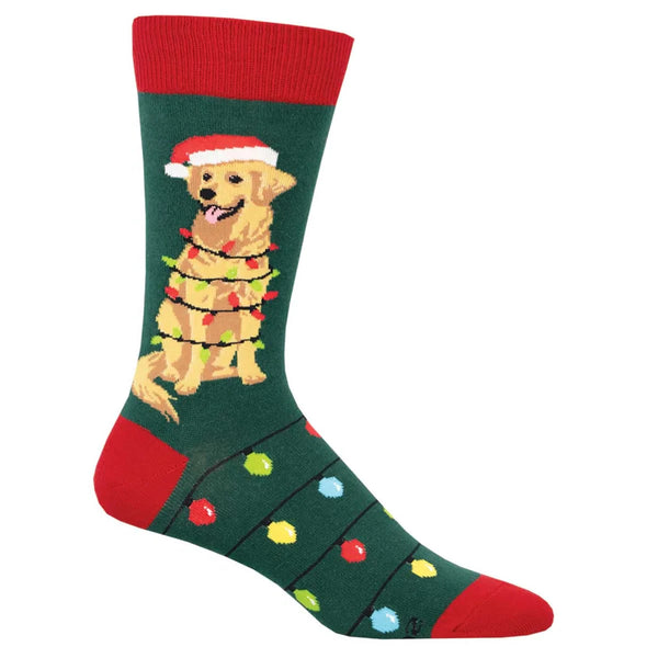 A footform displays a green crew sock with red heel, toe and ankle, strings of multicolored Christmas lights on the foot, and a golden retriever wearing a Santa hat and wrapped in Christmas lights on the leg.