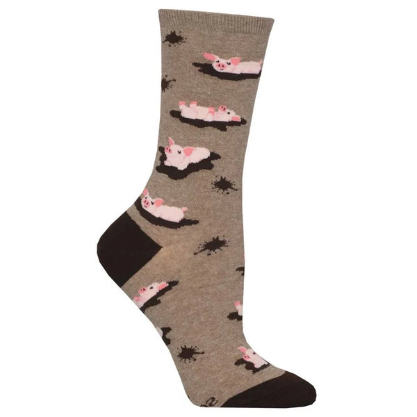 Foot form wears brown crew sock featuring darker brown heel & toe, brown mud splatters and pigs playing in mud