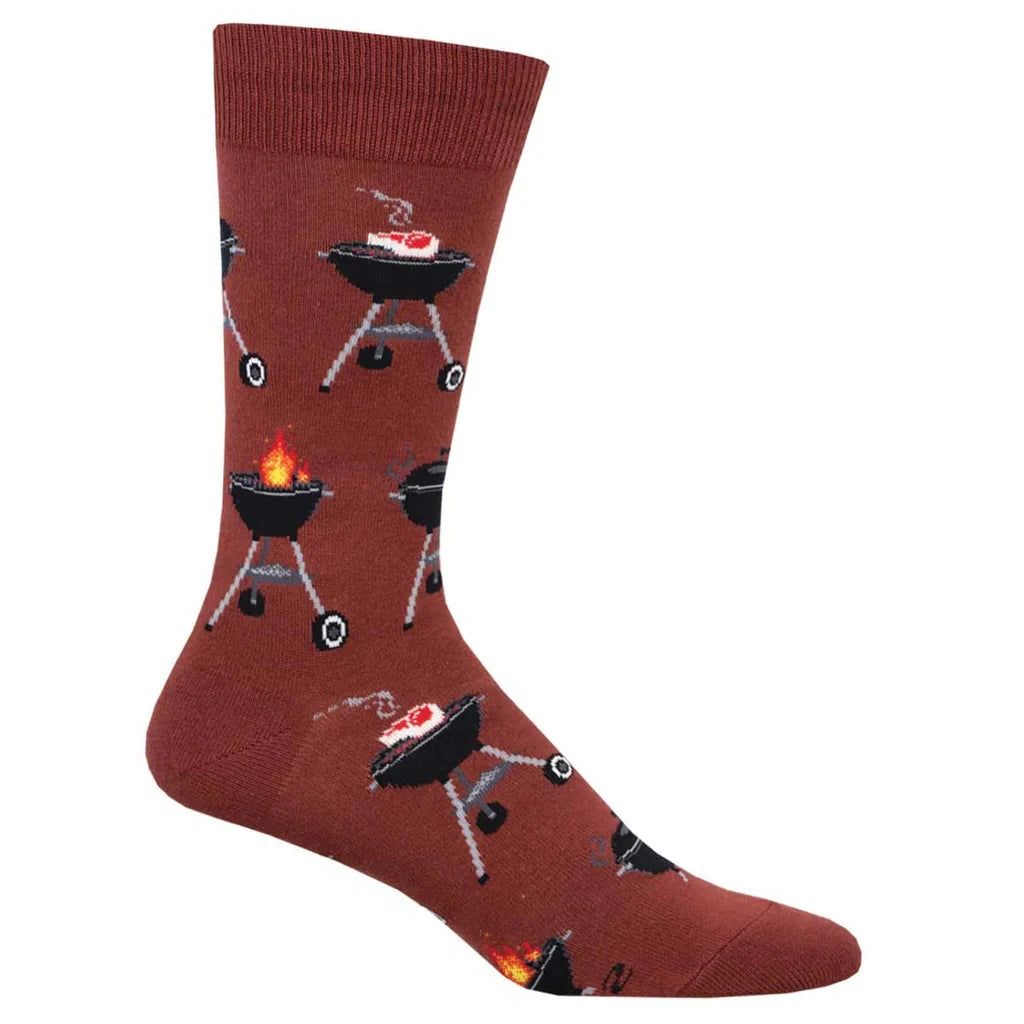 Foot form wears a red crew sock featuring various grills with steaks, lids or flames