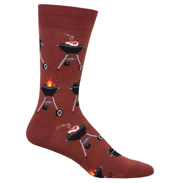 Foot form wears a red crew sock featuring various grills with steaks, lids or flames