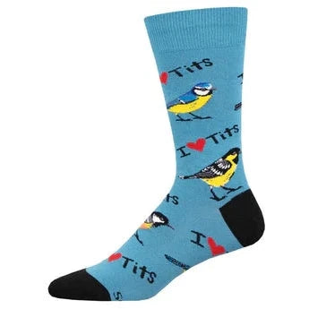 Foot form wears a blue crew sock with black toe and heel featuring songbirds and text that reads 