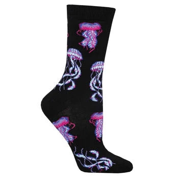 Black sock on footform featuring blue & pink jellyfish