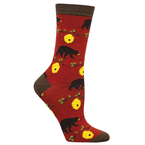 Red sock on foot form with brown toe and heel, brown bears and yellow beehives on branches