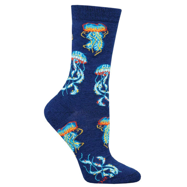 Navy blue sock on footform featuring electric blue & orange jellyfish