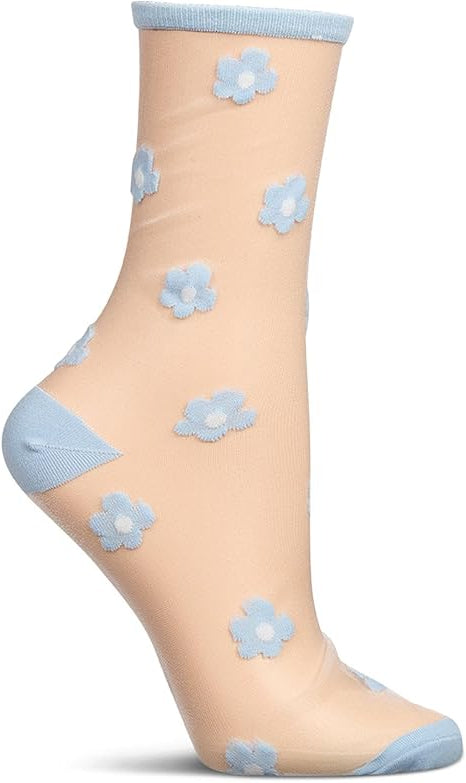 Sheer sock with blue flower patterns on a white background