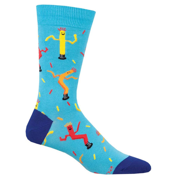 Aqua sock on a foot form with blue heel & toe featuring red, orange & yellow confetti pieces and wacky wavy inflatable arm guys