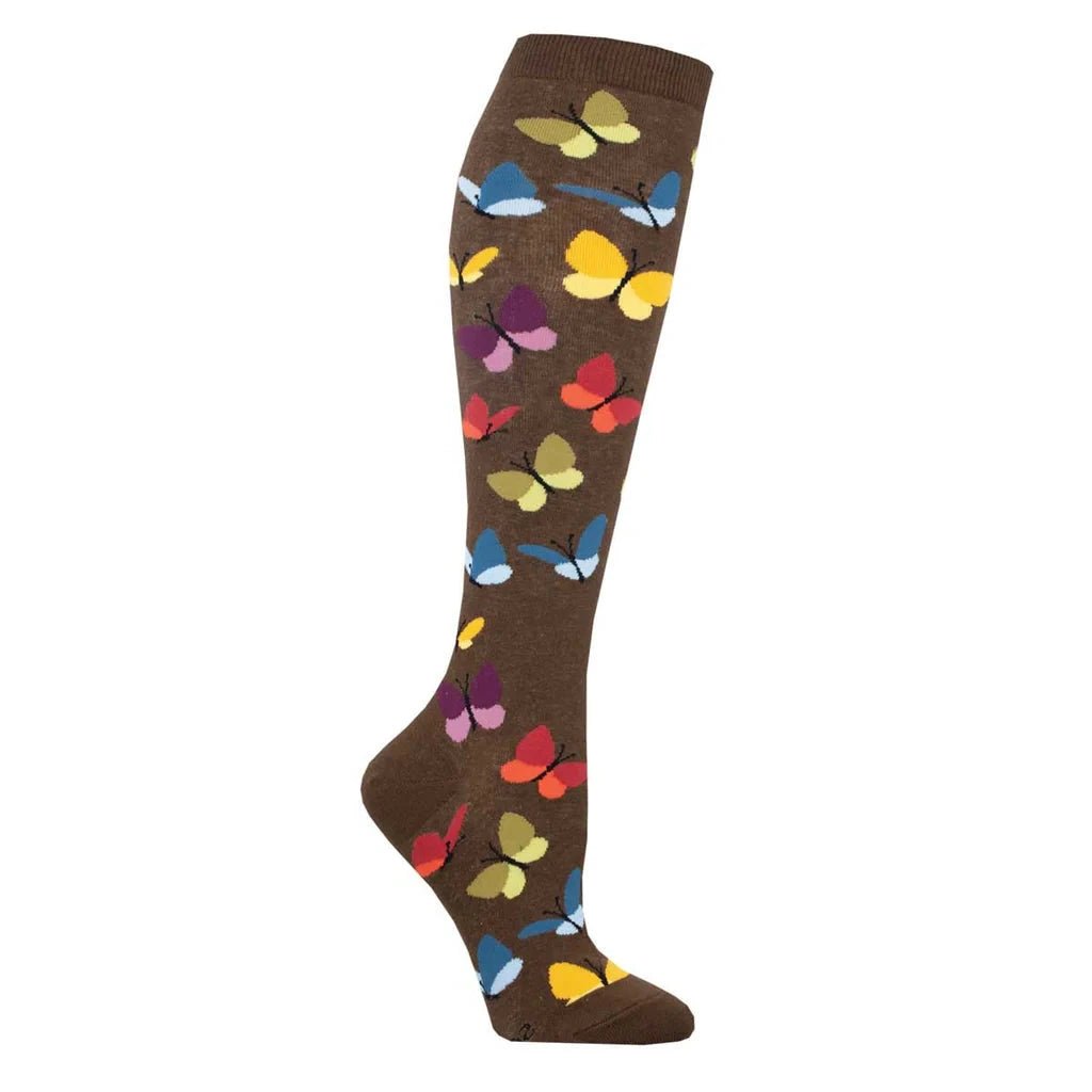 Leg form wears brown knee high sock featuring red, yellow, green blue and purple butterflies