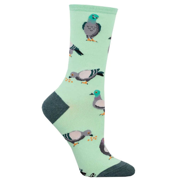 Foot form wears mint green sock with teal heel & foot featuring pigeons standing and eating breadcrumbs