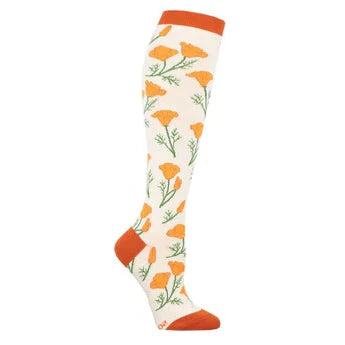 Leg form wears ivory knee high sock with orange, heel, toe and ankle featuring orange poppies