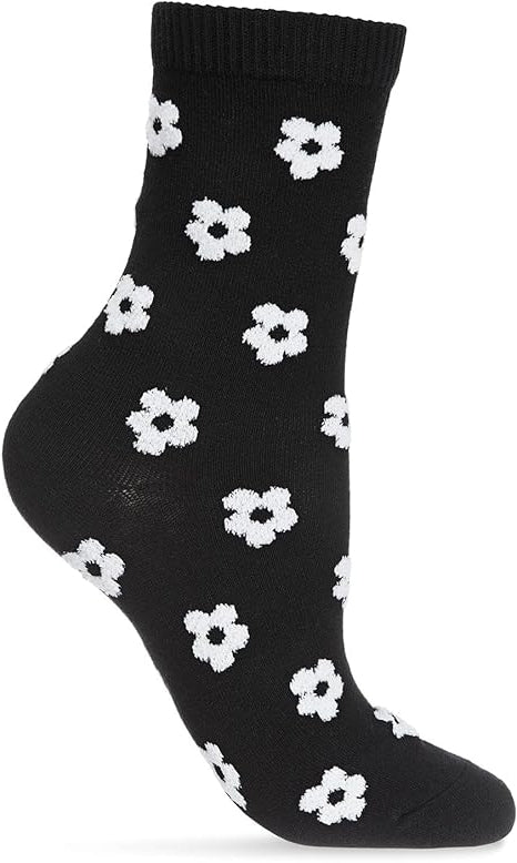 Black sock with fuzzy white floral patterns on a white background