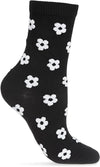 Black sock with fuzzy white floral patterns on a white background