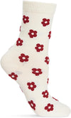 White sock with fuzzy red floral pattern on a white background