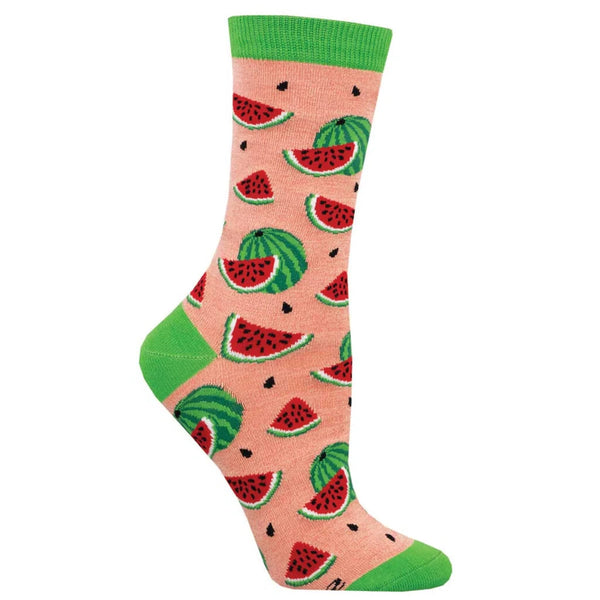 Pink crew sock with green heel, toe and top, whole and sliced watermelons, and black watermelon seeds