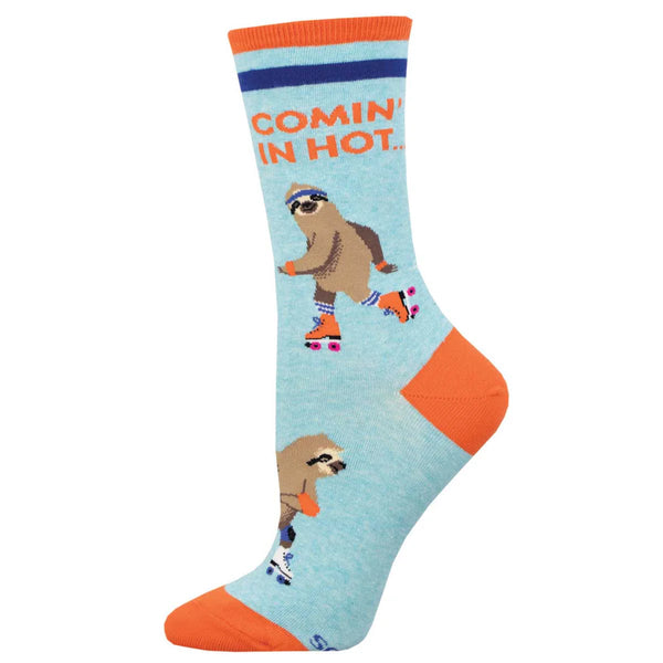 Blue sock with orange accents featuring a roller-skating sloth