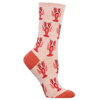 Foot form wears pink crew sock with red heel & toe featuring red lobsters shown from above