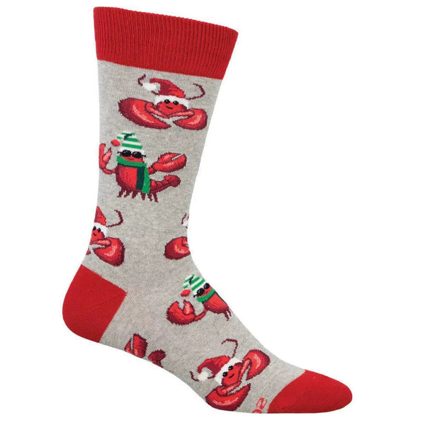 Footform wears a gray sock with red toe, heel and ankle featuring lobsters in santa hats, scarves and sunglasses