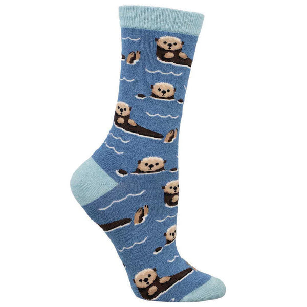 Blue sock with otter pattern on a white background