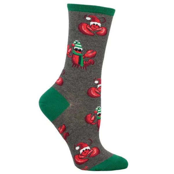 Footform wears a dark gray sock with green ankle, heel and toe featuring lobsters wearing sunglasses, scarves and Santa hats.