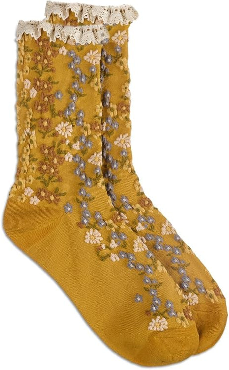 Mustard yellow floral socks with lace trim on a white background