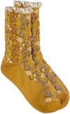 Mustard yellow floral socks with lace trim on a white background