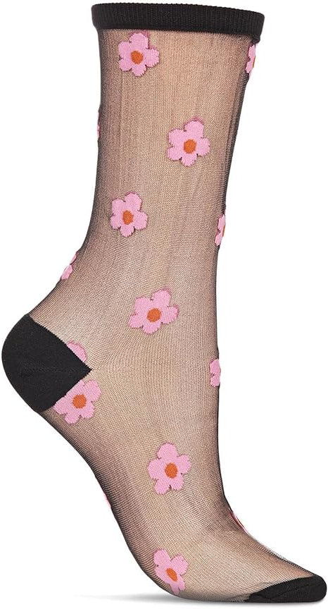 Black sheer sock with pink flower patterns on a white background