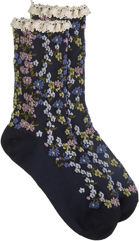 Black floral patterned socks with lace top on a white background