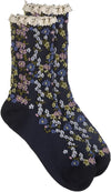 Black floral patterned socks with lace top on a white background