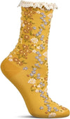 Yellow floral sock with lace trim on a white background