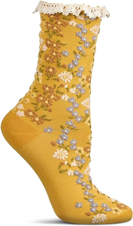 Yellow floral sock with lace trim on a white background