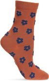 Rust-colored sock with fuzzy blue flowers on white background