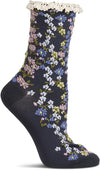 Floral-patterned black sock with lace top on a white background