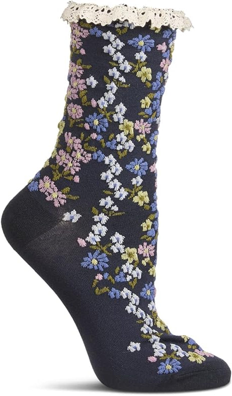 Floral-patterned black sock with lace top on a white background