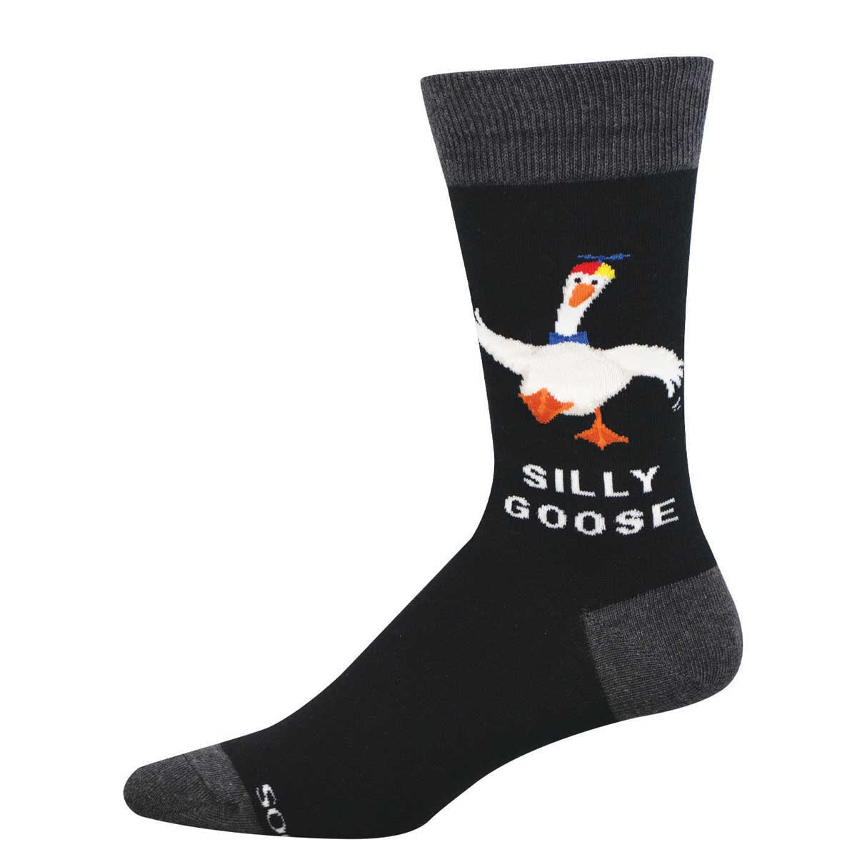 Black sock with a goose graphic and 'Silly Goose' text on a white background