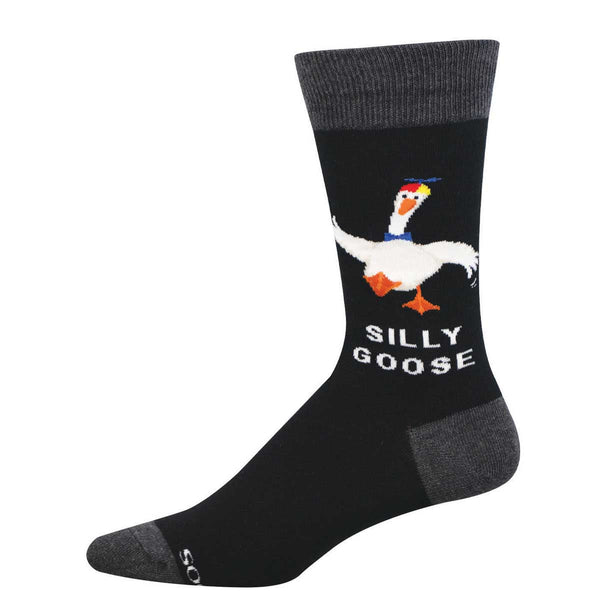 Black sock with a goose graphic and 'Silly Goose' text on a white background