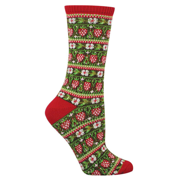 Brown sock with red accents and red & white strawberry & flower patterns
