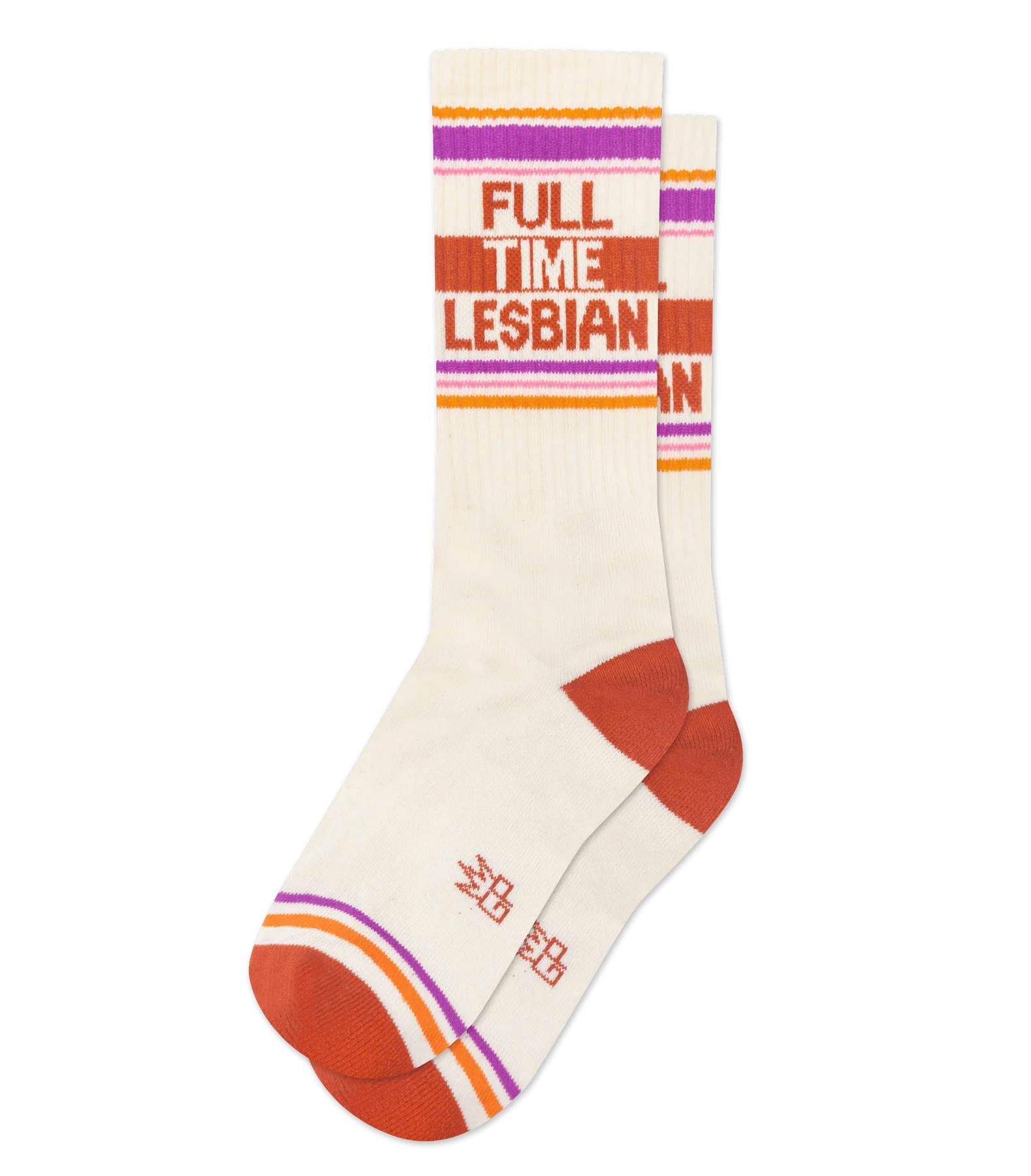 Cream gym socks with orange, gold and purple stipe patterns that read 