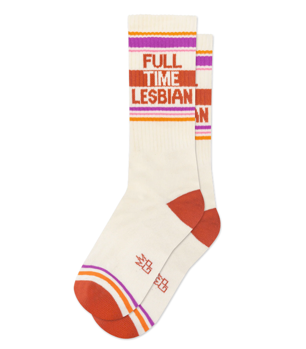 Cream gym socks with orange, gold and purple stipe patterns that read "FULL TIME LESBIAN"