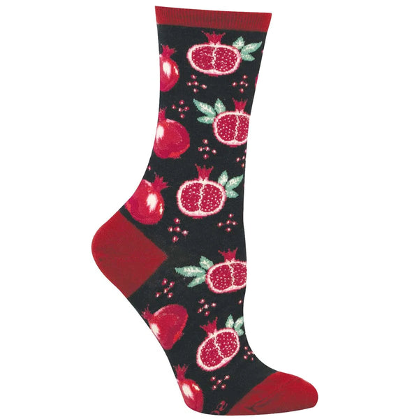 Black sock with red pomegranate design on white background