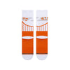 Two socks shown in flatlay from the back  with white leg, heel & toe and orange feet. The leg sports gray fog, an orange depiction of the Golden Gate Bridge, and orange text that reads "GIANTS."