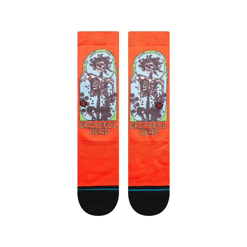 a red pair of officially licensed grateful dead socks featuring art from their iconic album covers