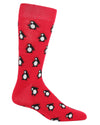 Red crew sock on foot form featuring fuzzy penguins