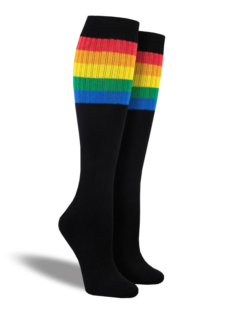 knee high black socks with 5 rainbow stripes near the cuff