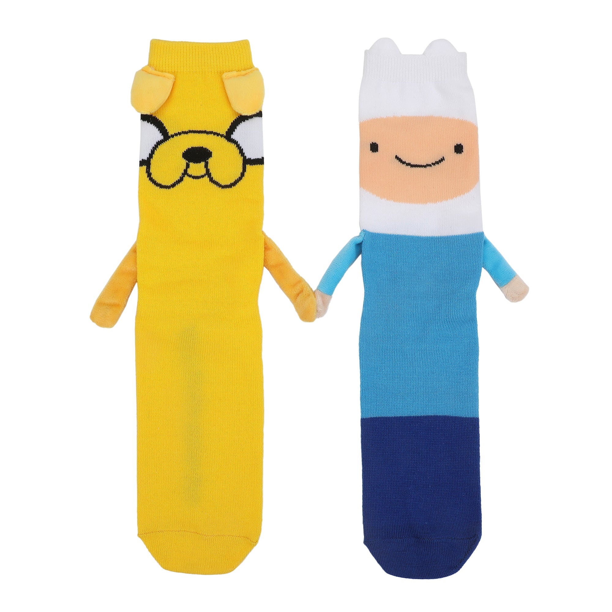 2 socks in flatlay, one made to look like FInn and the other Jake, with 3D arms and magnetic hands