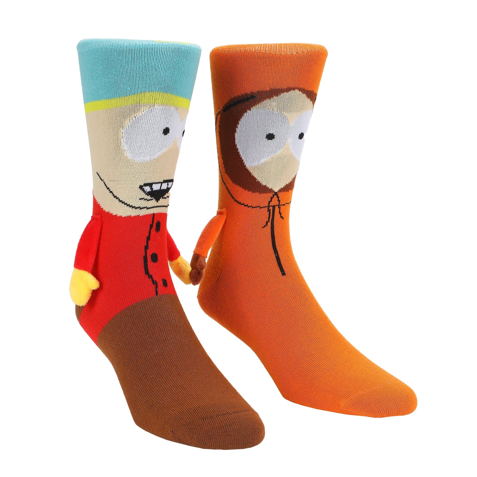 2 socks on foot forms, one made to look like Cartman and the other Kenny, with 3D arms and magnetic hands